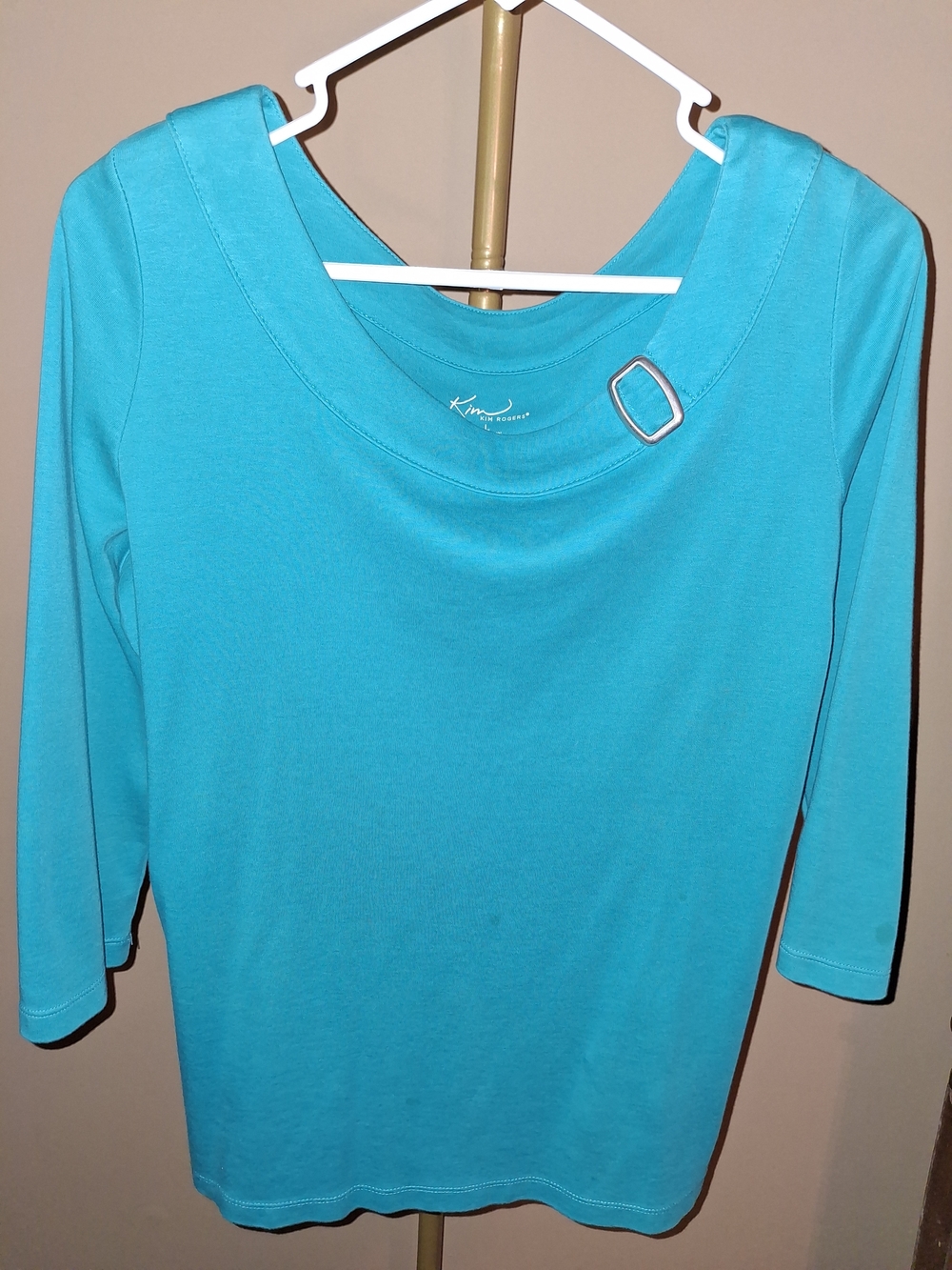 Kim Rogers Women's Bright Teal Long Sleeve Scoop Neck Top with Buckle